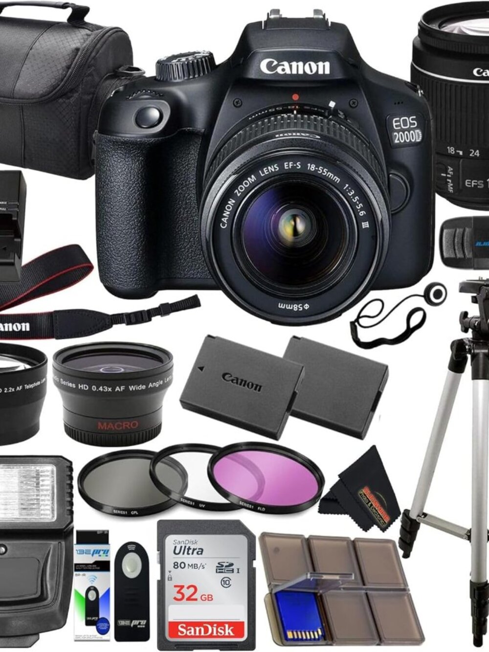Canon EOS 2000D (Rebel T7) DSLR with 18-55mm Lens 3 Lens Kit and Sunshine Photo